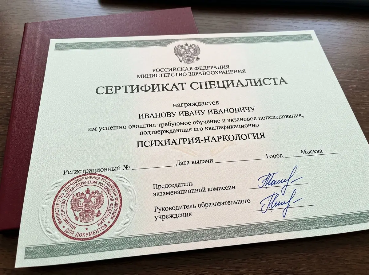 Сертификат специалиста психиатра-нарколога государственного образца, официальный документ с гербовой печатью Минздрава России