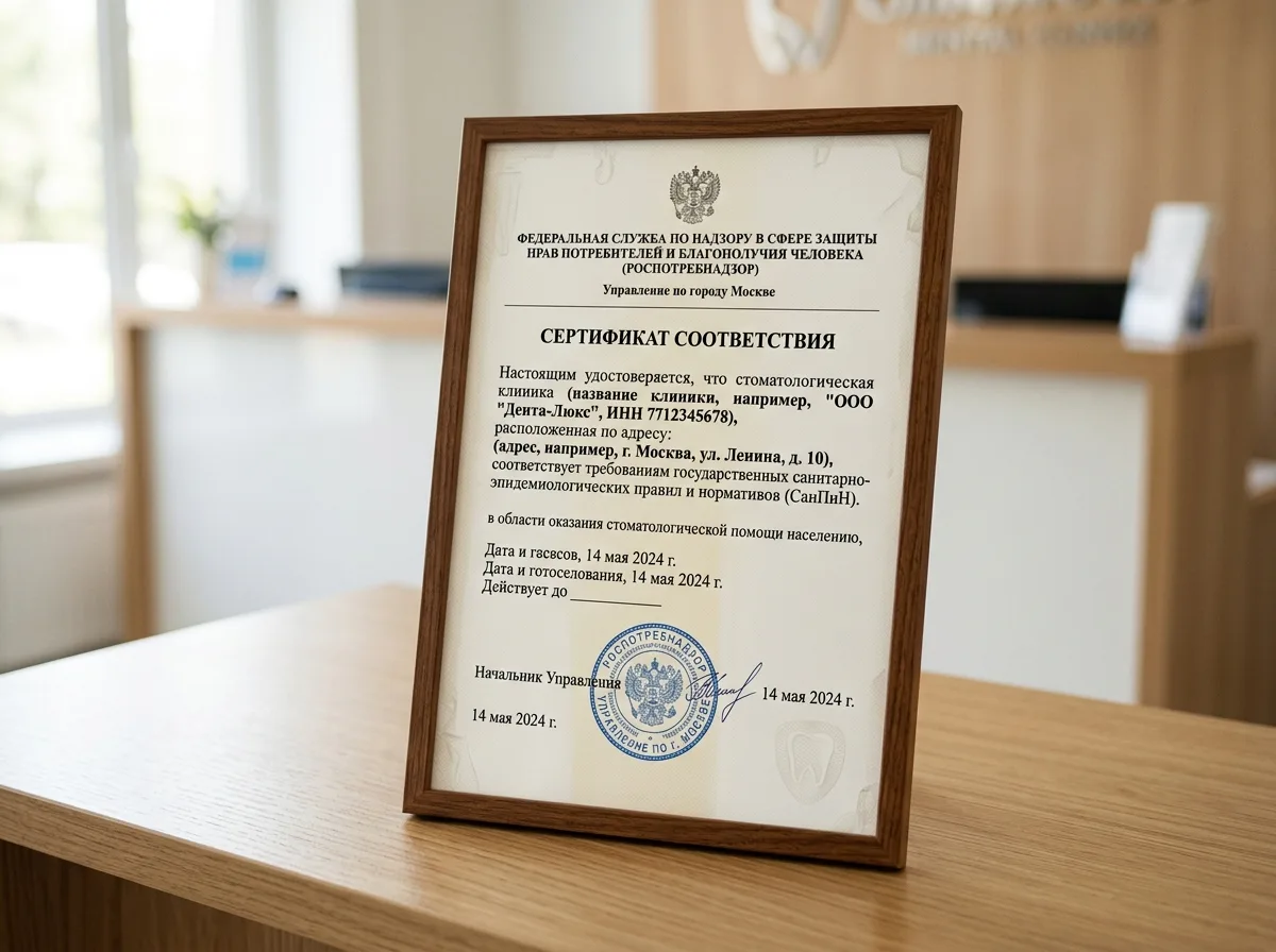 Сертификат соответствия стоматологической клиники требованиям СанПиН: официальный документ с печатью Роспотребнадзора, белый бланк