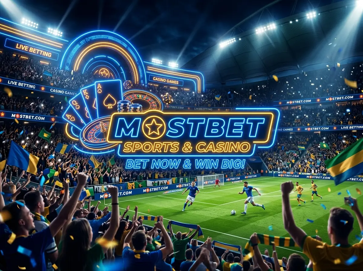 Яркий игровой баннер Mostbet — зелёное поле стадиона, болельщики, светящиеся карточки казино, ночная атмосфера, синий и золотой неон, кинематографичное освещение